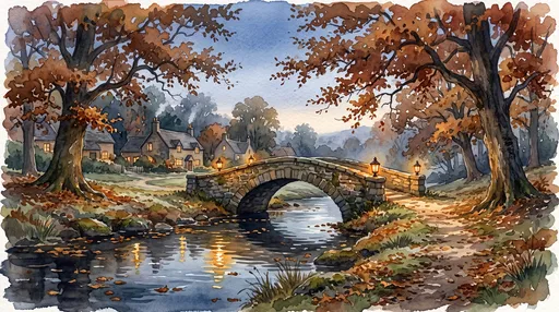 Watercolor Stone Bridge in Autumn Village