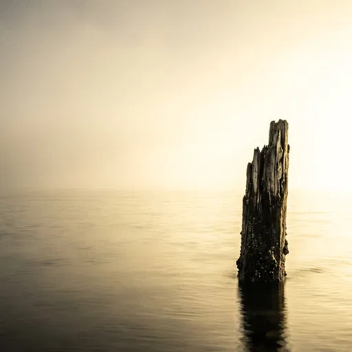 Weathered Wooden Piling in Golden Mist