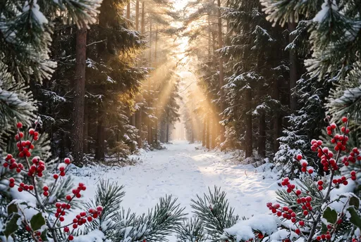 Sunlit Winter Forest Path with Red Berries