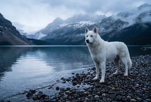 White Husky by Misty Mountain Lake