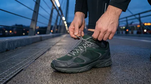Runner Tying Green Sneaker on Bridge