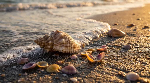 Seashells on Shoreline at Golden Hour