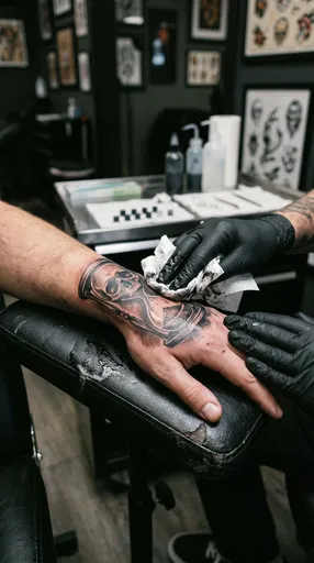 Artist Wiping Fresh Skull Hand Tattoo
