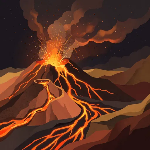 Erupting Volcano at Night Flat Illustration