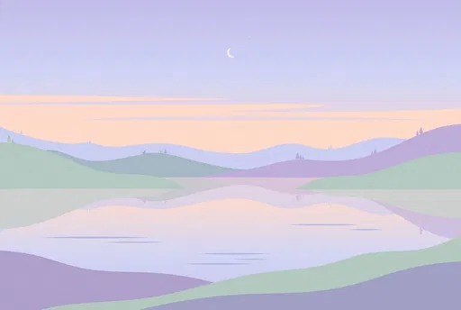 Pastel Minimalist Lake and Hills Landscape