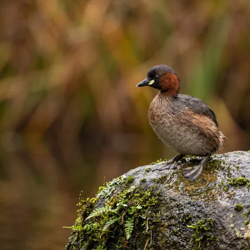 Little Grebe on Mossy Wetland Stone