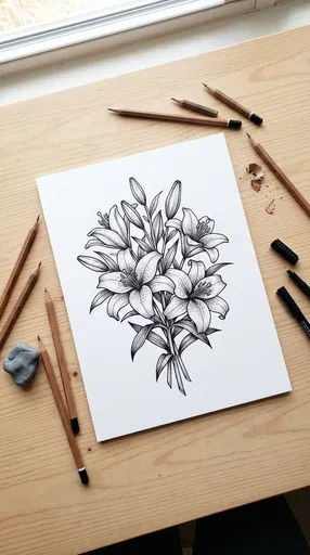 Black Ink Lily Bouquet Drawing Flat Lay