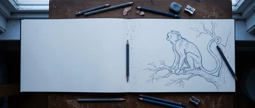 Blue Pencil Monkey Sketchbook Flat Lay
