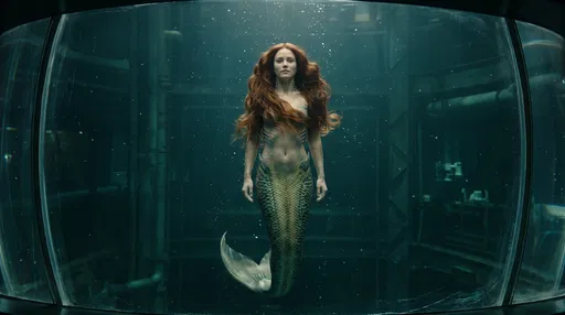 Realistic Mermaid Suspended in Research Tank