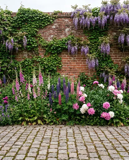 English Garden Brick Wall and Flowers