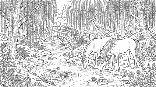 Unicorns Drinking by Forest Stream Coloring Page