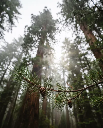 Pine Branch in Misty Forest