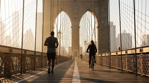 Jogger and Cyclist on Brooklyn Bridge Sunrise