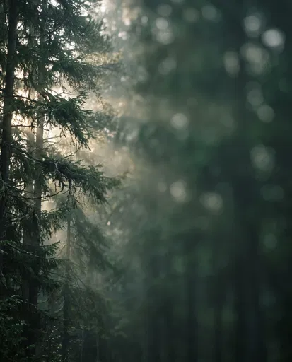 Misty Backlit Pine Forest Edge