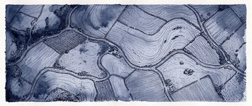 Indigo Ink Wash Patchwork Farmland Aerial
