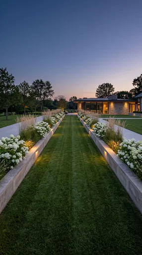 Modern Illuminated Garden Lawn at Twilight