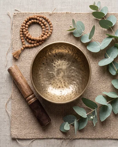 Brass Singing Bowl Meditation Flat Lay