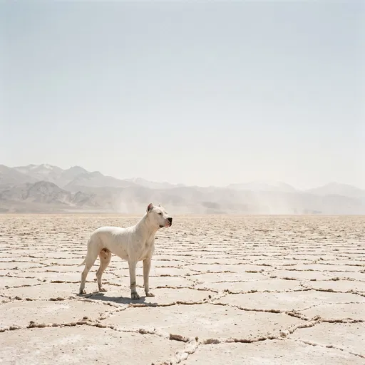 White Dogo Argentino on Salt Flats
