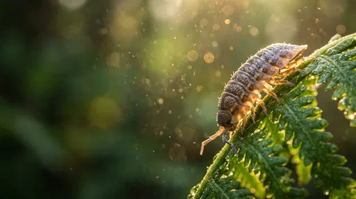 Macro Woodlouse on Sunlit Fern Frond