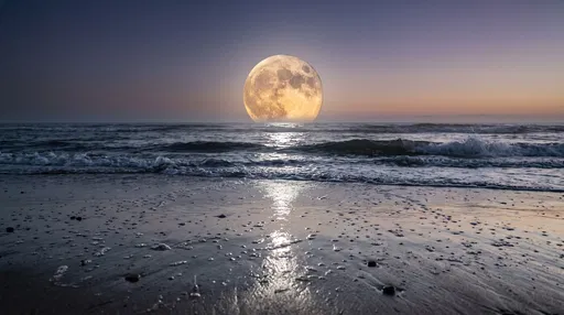 Full Moon Rising Over Ocean Dusk