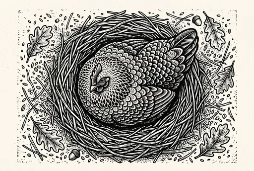 Linocut Hen in Nest Illustration
