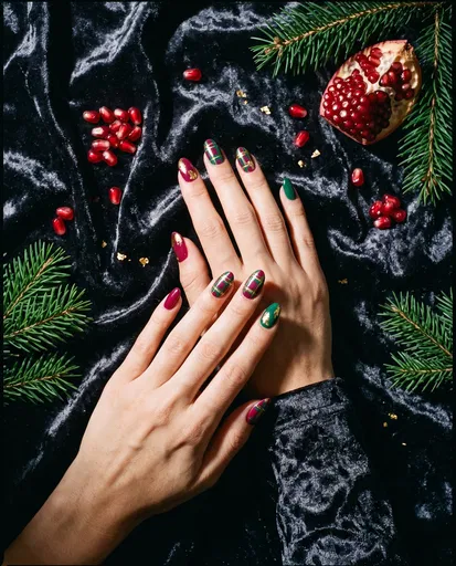 Festive Plaid Winter Nail Art Flat Lay