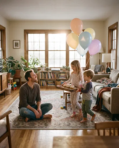 Children Surprising Father With Birthday Cupcakes