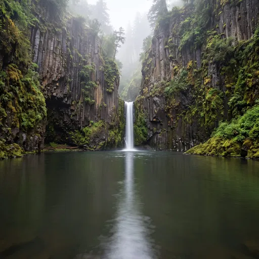 Misty Canyon Waterfall and Calm Lagoon