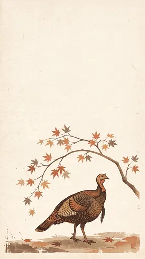 Woodblock Style Turkey Beneath Maple Branch