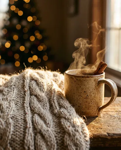 Steaming Mug Beside Knit Blanket at Christmas