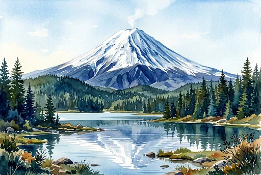 Watercolor Snow-Capped Volcano Over Alpine Lake
