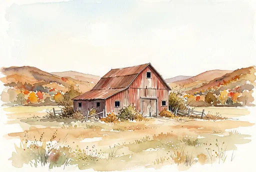 Watercolor Red Barn in Autumn Meadow