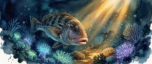 Watercolor Sweetlips Fish Over Glowing Coral Reef