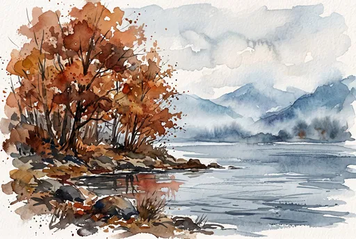 Watercolor Autumn Lakeside Landscape With Distant Mountains