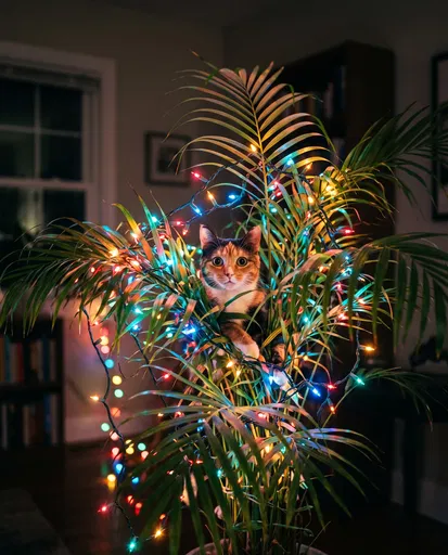Calico Cat Inside Lit Indoor Palm