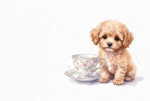 Watercolor Apricot Poodle Puppy Beside Teacup