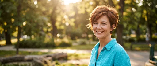Smiling Woman With Short Auburn Hair Outdoors