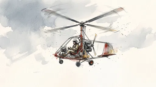 Watercolor Illustration of Flying Gyrocopter