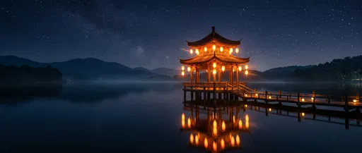 Illuminated Lake Pavilion Under Starry Sky