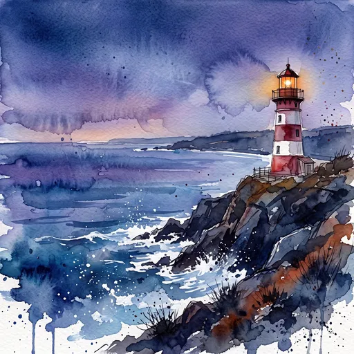 Watercolor Red Lighthouse on Coastal Cliff