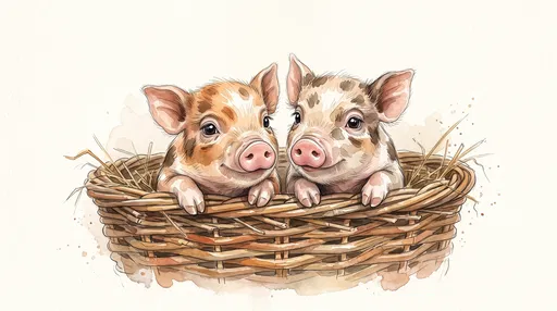 Watercolor Illustration of Two Spotted Piglets