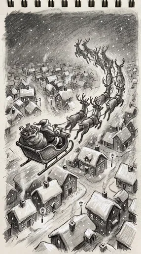 Charcoal Drawing of Santa Over Winter Village