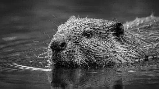 Monochrome Portrait of Swimming Beaver
