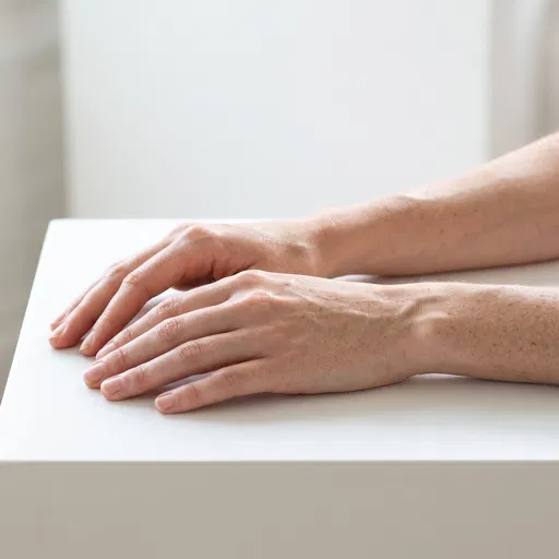 Freckled Hands Resting on White Pedestal