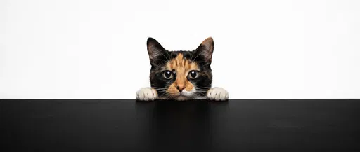 Calico Cat Peeking Over Black Table