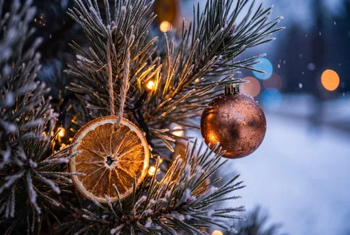 Frosted Pine Branch With Christmas Ornaments