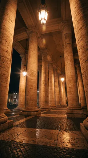 Illuminated Classical Stone Colonnade at Night