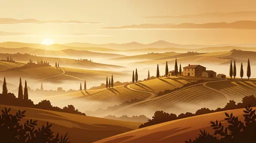 Golden Sunrise Over Misty Tuscan Hills