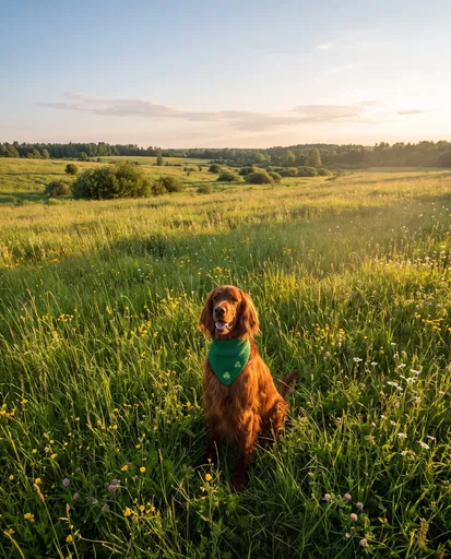 Irish Setter in Meadow with Shamrock Bandana