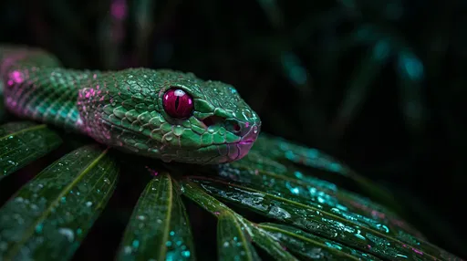 Green Pit Viper on Wet Palm Frond